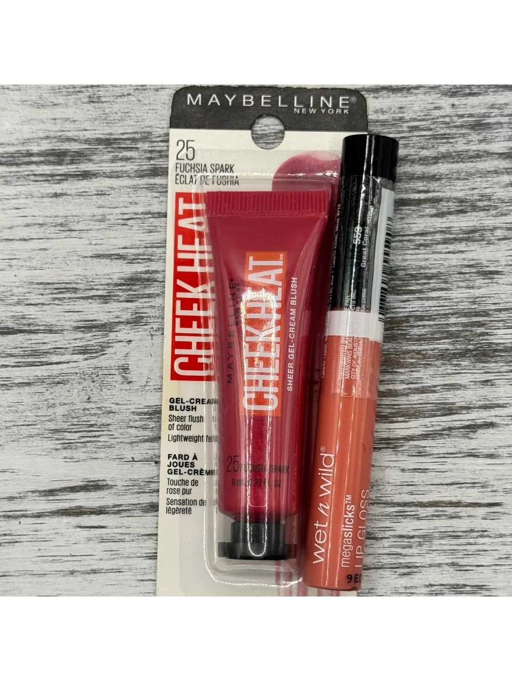 Makeup Bundle Maybelline Cheek Heat Blush Fuchsia Spark + Wet N Wild Gloss Coral